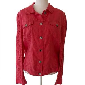 Chico’s Coral Lace Sleeve Linen Shacket Truckers Jacket Size 1 Medium
